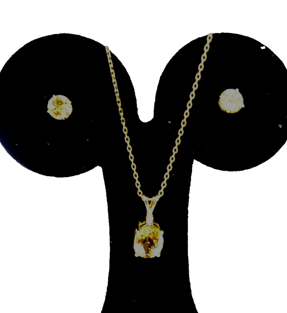 Oval Citrine Necklace w Diamond Acct & Round Earrings 925 Sterling Silver ~2 TCW